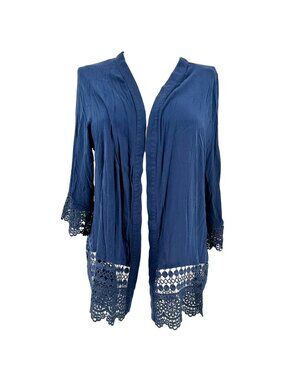 Kim Rogers Open Front Cardigan Womens 2X Navy Blue Crochet Hem+Cuffs Lightweight